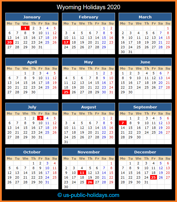 Wyoming Holiday Calendar 2020
